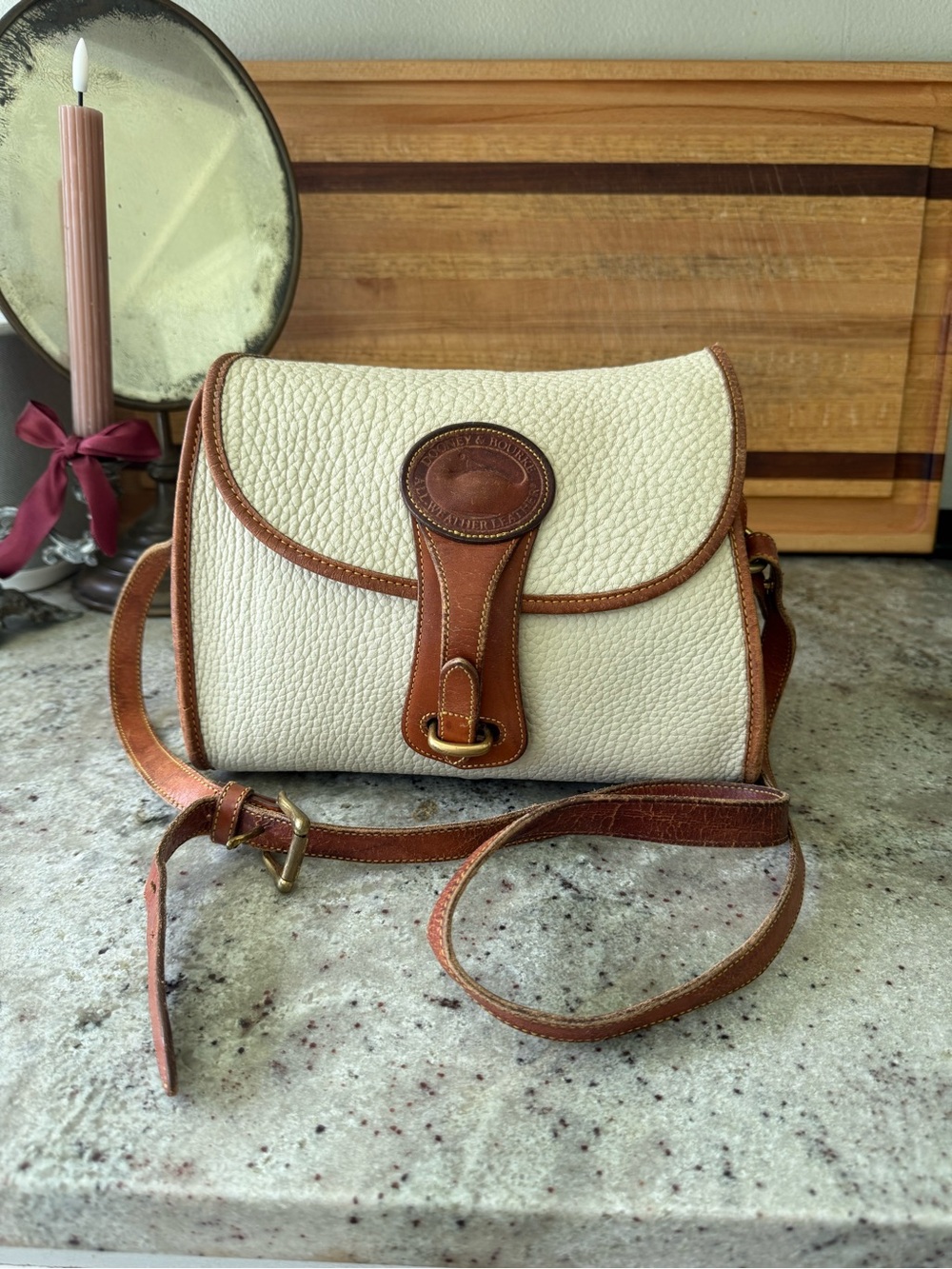 Vintage Dooney & Bourke AWL Crossbody Bag| Made in USA| Ivory & Tan